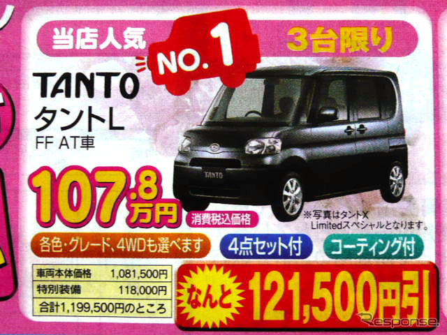 【飛び石連休 値引き情報】決算!! 背の高い軽自動車、タント 12万円引きなど
