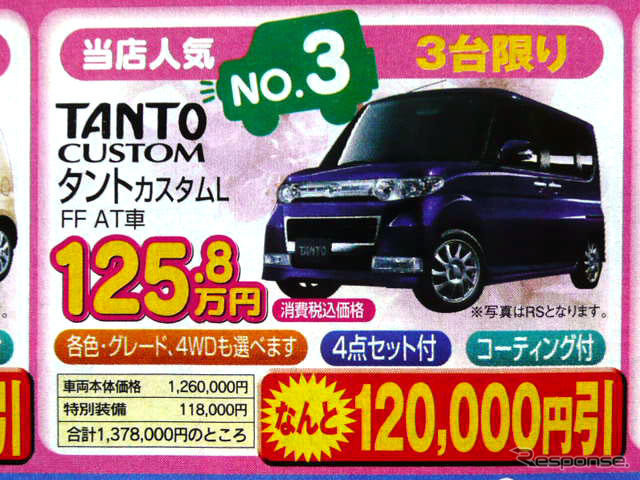【飛び石連休 値引き情報】決算!! 背の高い軽自動車、タント 12万円引きなど