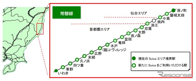 常磐線内で新たにSuicaエリアに入る駅。首都圏エリアの各駅と仙台エリアの各駅を跨って利用はできないため、浪江以南と小高以北との行き来には通しで使うことができない。