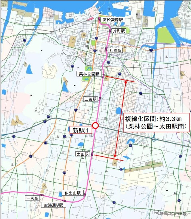 伏石駅の位置（新駅1と記されている箇所）。新駅を契機に栗林公園～太田間約3.3kmが複線化される計画。