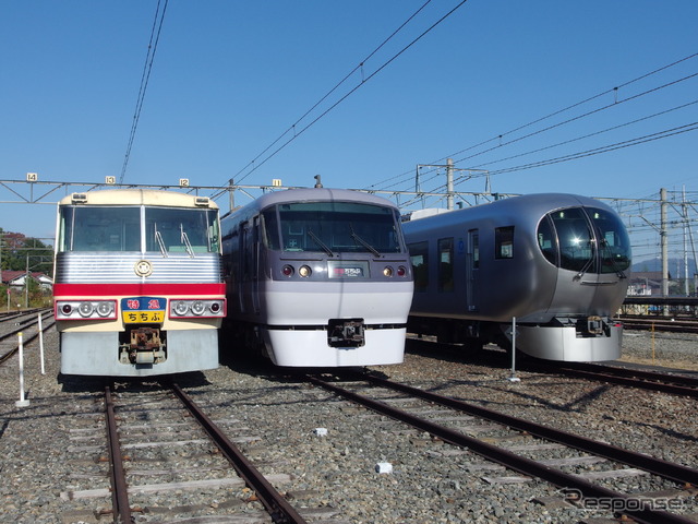 向かって左から5000系、10000系、001系（西武秩父線開通50周年記念車両基地まつり in 横瀬）。