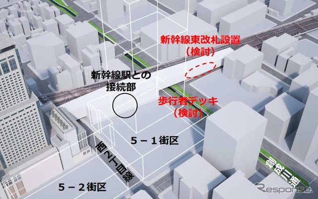 北5西1街区の東側には新幹線の東改札や歩行者デッキの設置も検討。