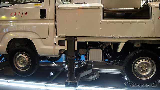 アクティオ:小型軌陸自動車…ホンダの軽トラ『アクティトラック』がベースの新型小型軌陸自動車。狭い踏切でも2名で載線・離線・軌道点検ができるコンパクトさが売り。JR東日本保守用車型式認定を受け、この秋の台風被害の復旧作業ですでに活躍している。