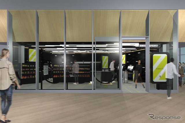 無人AI決済店舗「TOUCH TO GO」のイメージ。2階の改札内に設置され、飲食物などを購入できる。このほか、3階の改札外にはスターバックスコーヒーの高輪ゲートウェイ駅店（仮称）も入居する。