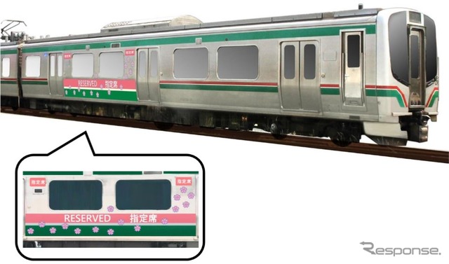磐越西線に登場する快速『あいづ』に連結される指定席車。E721系電車の後部を指定席とするもので、サイドには大きく「RESERVED 指定席」と表示し、指定席であることをわかりやすくする。