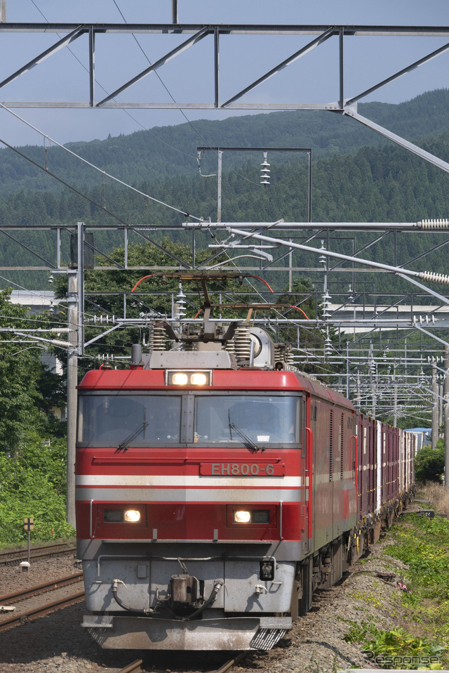 道南いさりび鉄道を走るEH800形電気機関車牽引の貨物列車。同機関車にはリアルタイムに状態を遠隔で監視するシステムが搭載される。
