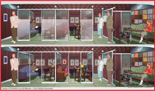 「クラシックな雰囲気の落ち着いた色調」とする1号車の車内完成予想イメージ。もともとあった個室1室のほかに、パーテーションの高さを抑えて明るく開放的な雰囲気とする3室を新設。
