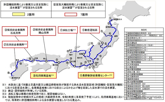 国交省が挙げた、28の新幹線浸水想定施設。