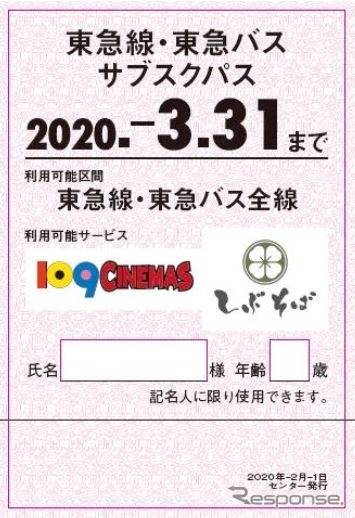 東急の鉄道・バスの利用と、「109シネマズ」の映画鑑賞、「しぶそば」の食事が組み合わされた「東急線・東急バス　サブスクパス」。有効期間は1か月。