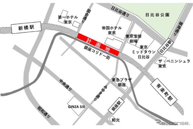 新橋、銀座、有楽町との回遊性が高い箇所に立地する『日比谷OKUROJI』の計画地。