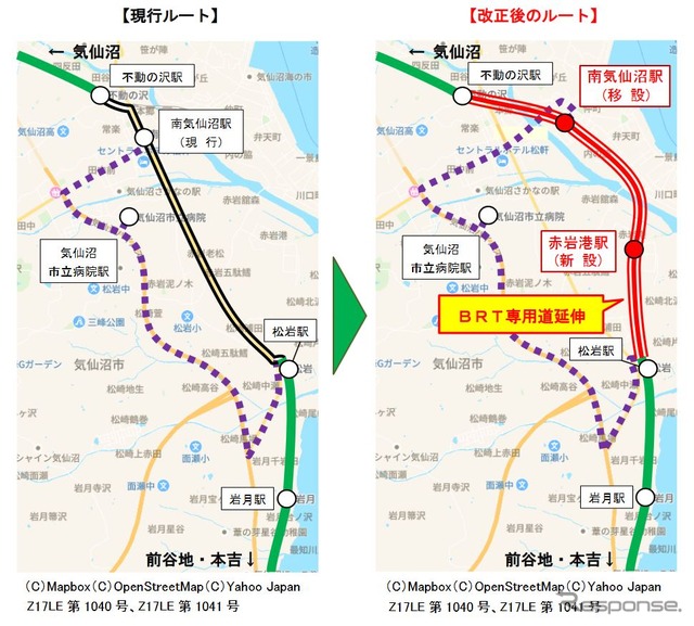 気仙沼線BRT松岩～不動の沢間の現行ルートと改正後のルート。