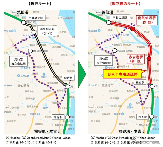 気仙沼線BRT松岩~不動の沢間の現行ルートと改正後のルート。