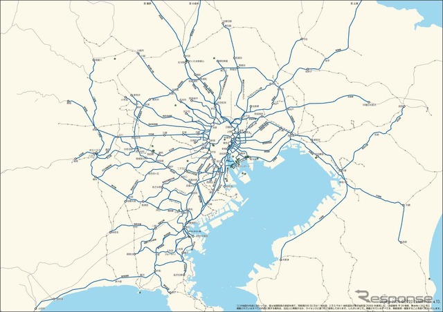 深夜運行が実施される東京圏の線区（青線部分）