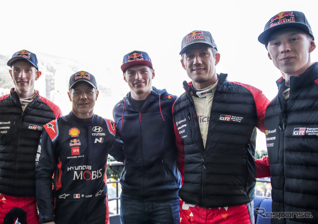 WRCトップ戦線のドライバーたちに混じって、F1ドライバー、マックス・フェルスタッペン(中央)の姿も。