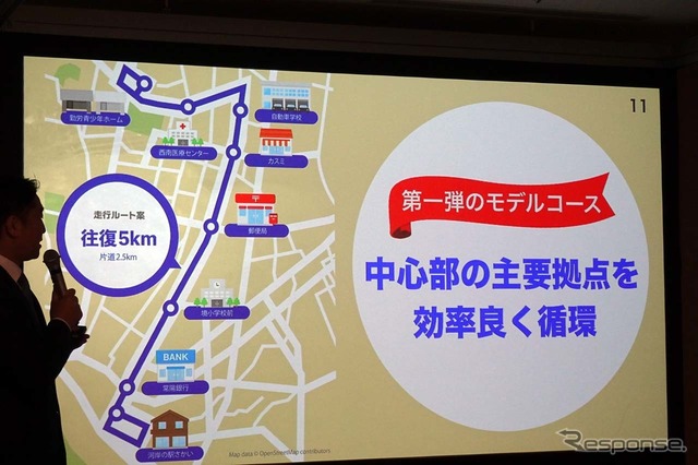 まずは、「河岸の駅さかい」を起点とする片道2.5kmの区間を往復運行することからスタートする(橋本境町町長)