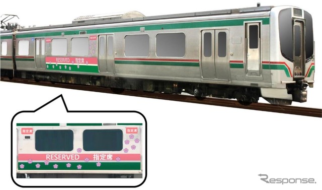 3月14日のダイヤ改正で磐越西線に登場する快速『あいづ』に連結される指定席車。E721系電車の後部を指定席とするもので、サイドには大きく「RESERVED　指定席」と表示し、指定席であることをわかりやすくする。なお、指定席営業初日の3月14日8時40分頃～9時10分頃には、会津若松駅1番ホームで導入記念セレモニーが開催される。また、5月31日までは記念ヘッドマークが掲出される。