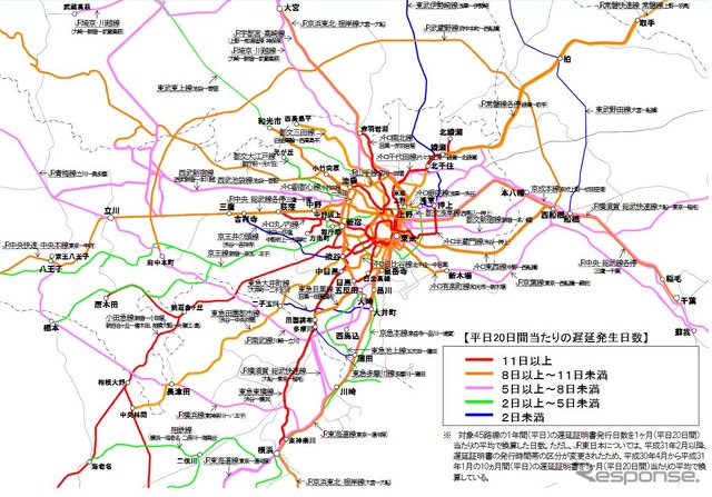 東京圏の鉄道における小規模遅延（10分以下）の発生状況を地図化したもの。東京都心以外では、小田急や東急東横線の遅延が目立つ。