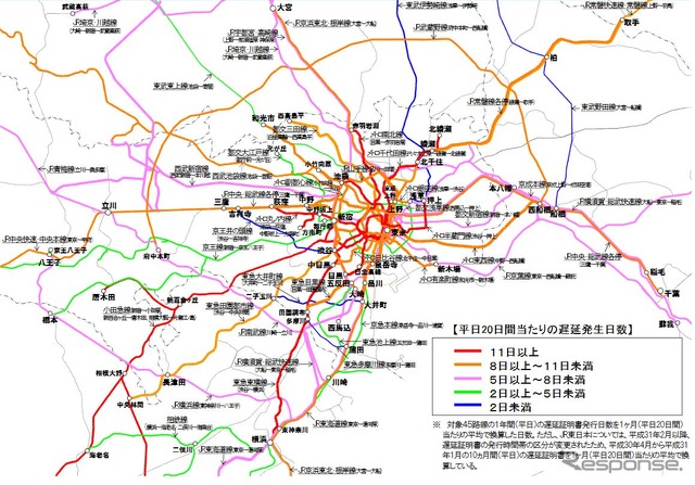 東京圏の鉄道における小規模遅延(10分以下)の発生状況を地図化したもの。東京都心以外では、小田急や東急東横線の遅延が目立つ。