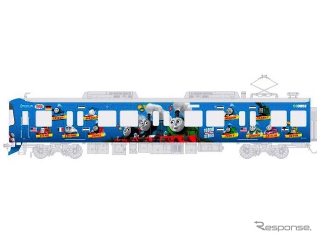 「京阪電車きかんしゃトーマス号2020」の側面イメージ。車内も一部が装飾される。