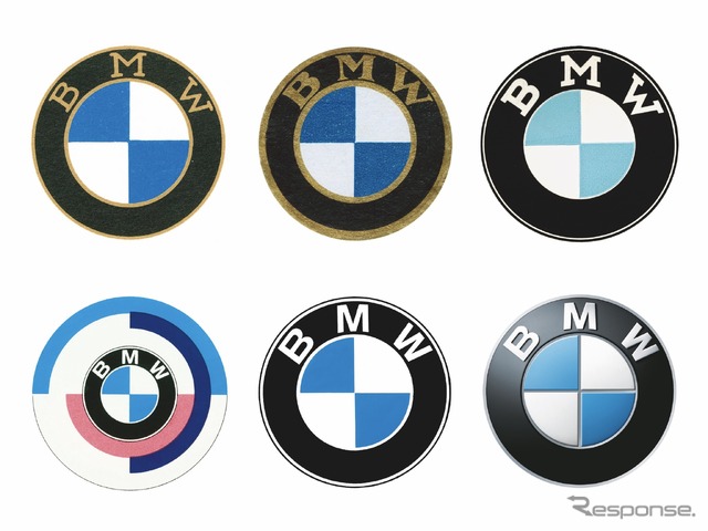 BMWロゴマークの変遷。上段左から右へ1917年、1933年、1954年、下段左から右へ1974年(BMWモータースポーツ)、1979年、2007年。