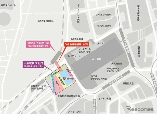 「うめきた2期地区」と大阪駅西地区の位置関係。西側地区には新しい改札口が設けられ、「うめきた（大阪）地下駅」とは、地下に設けられる改札内連絡通路で結ばれる。