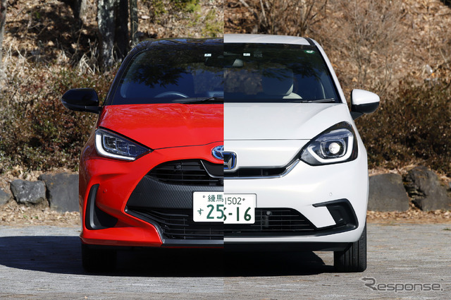 トヨタ ヤリス(左)とホンダ フィット(右)。そのデザインは好対照だ。