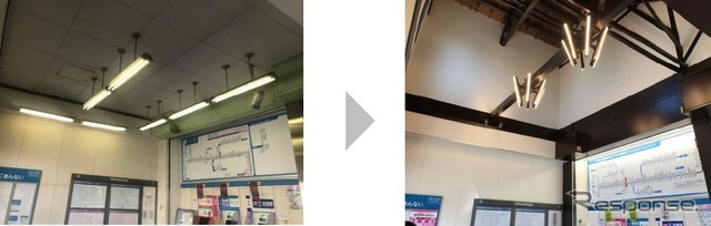 天井が吹抜け仕様となり、モダンなデザインのLED照明に変更されたコンコース（右）。左はその施工前。