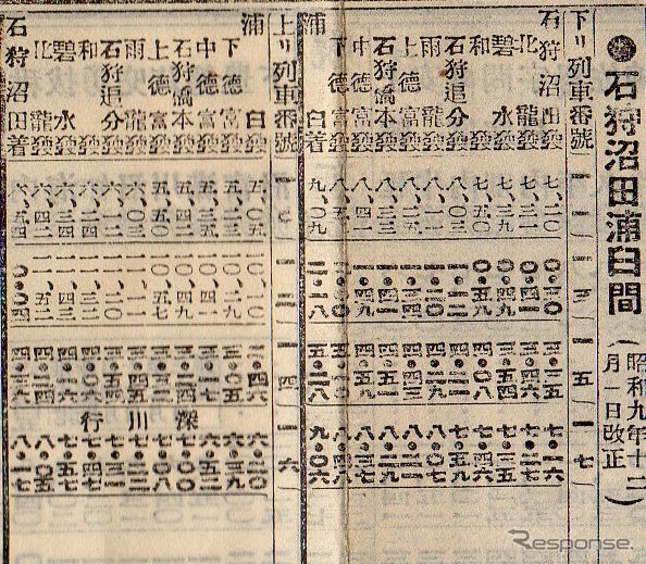 1934年12月当時の札沼北線浦臼～石狩沼田間時刻表。1972年に廃止された中徳富（後の新十津川）～石狩沼田間を含み、1日4往復が運行されていた。