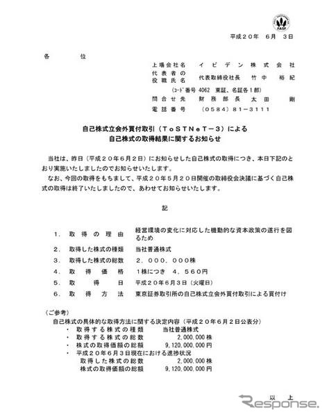 イビデン、自己株式立会外買付取引の結果を公表