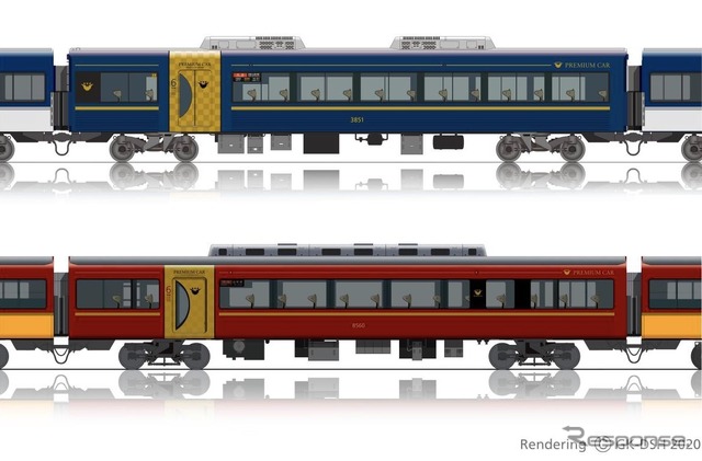 3000系プレミアムカー（上）と8000系プレミアムカーの側面の違い。3000系は、扉周りの金色は8000系と共通だが、ベースとなる色は3000系の基本色である紺・白・銀を組み合わせたものとなる。扉は8000系は片開きだが、3000系では両開きとなる。