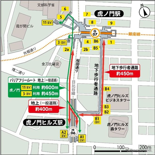銀座線虎ノ門駅～日比谷線虎ノ門ヒルズ駅間の乗換えルート図。
