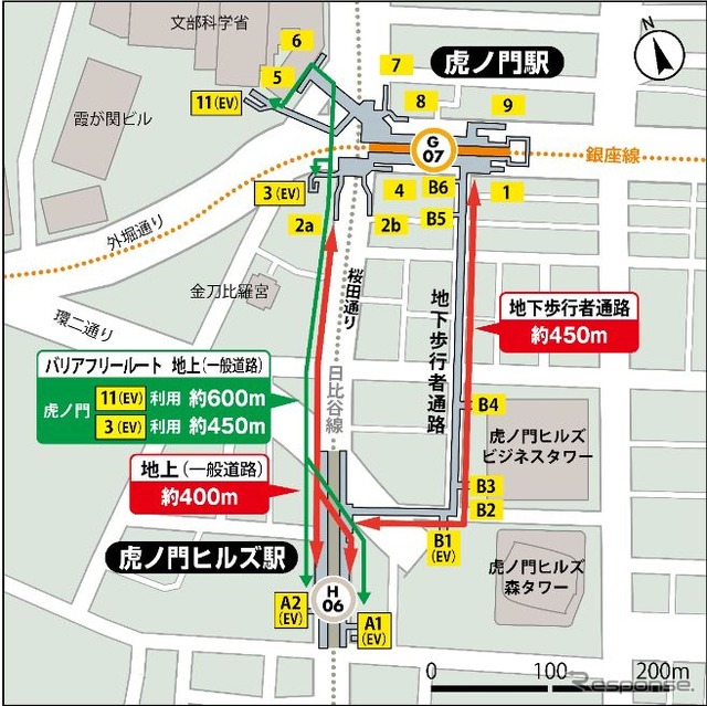 銀座線虎ノ門駅~日比谷線虎ノ門ヒルズ駅間の乗換えルート図。