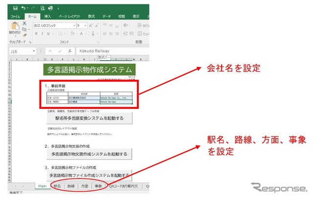 多言語掲示物作成システムのメインメメニュー。事前準備、文面作成、ファイル作成の3段階を経て掲示物を出力する。それぞれには詳細なサブメニューが用意されている。