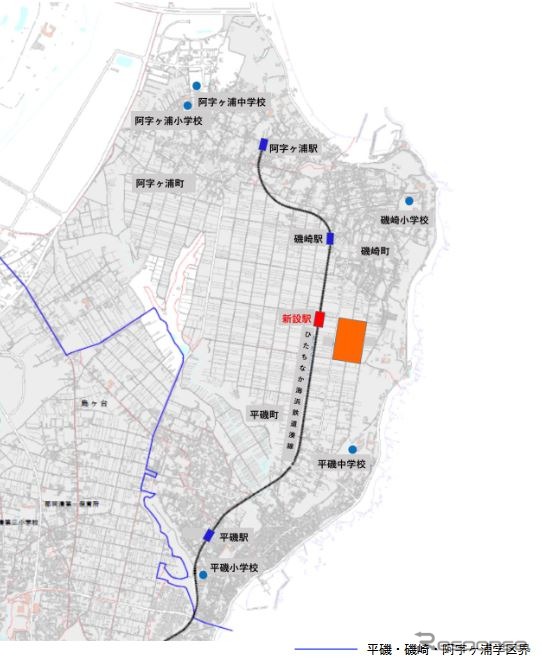 赤い部分が美乃浜学園と新駅の設置位置。