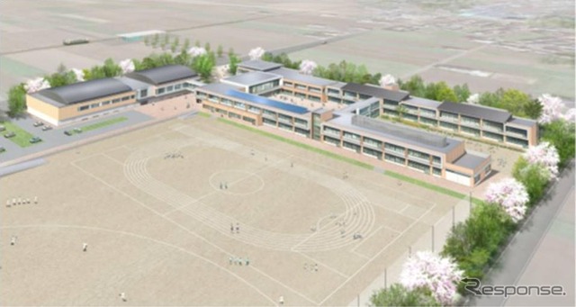 美乃浜学園のイメージ。左手に湊線の列車が描かれている。