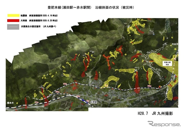 瀬田駅～赤水駅間、沿線斜面の状況（被災時）