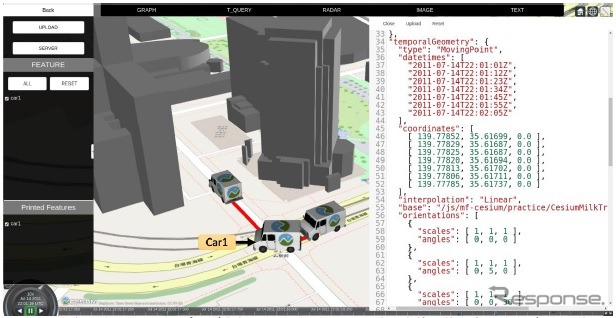 3次元地図上でマッピングされたMF-JSON Prism形式の立体形状の車の移動データの例