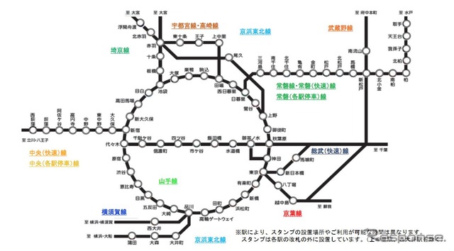 新しいスタンプが設置される駅。3月に開業した高輪ゲートウェイ駅も入っている。