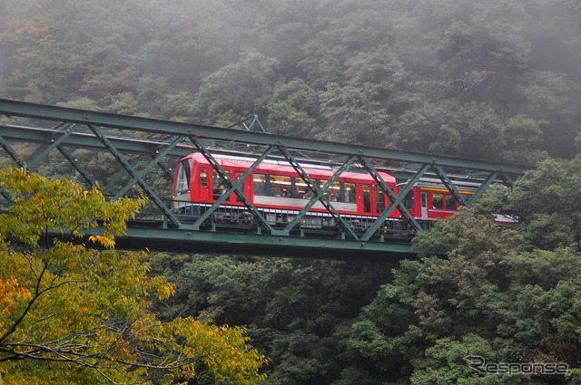 「出山の鉄橋」として知られる早川橋梁を渡る箱根登山鉄道の『アレグラ号』。
