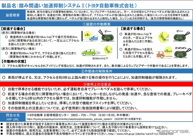 認定されたトヨタ自動車の「踏み間違い加速抑制システムII」の概要