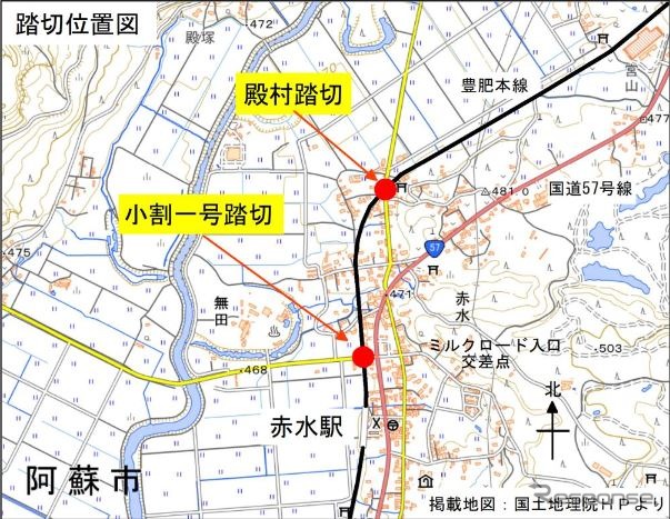 JR九州では、踏切の使用再開に伴ない「赤水駅周辺の踏切（小割一号踏切、殿村踏切）で交通渋滞が予想されます。お時間に余裕を持ってお出かけください」とアナウンスしている。