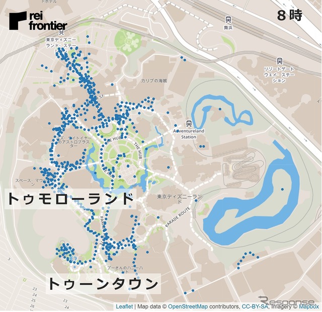 ディズニーランドの1時間ごとの人流(8時)