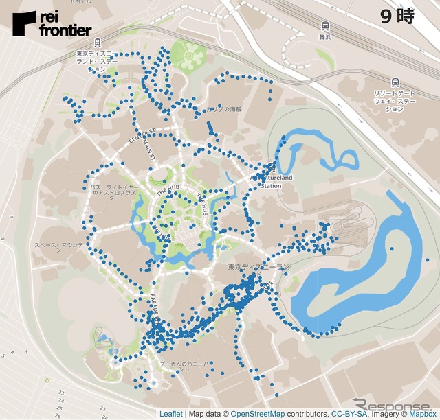 ディズニーランドの1時間ごとの人流(9時)