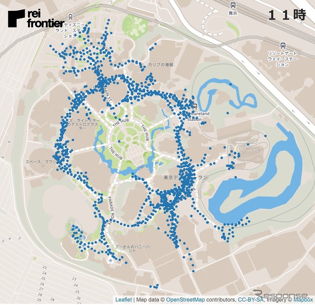 ディズニーランドの1時間ごとの人流（11時）