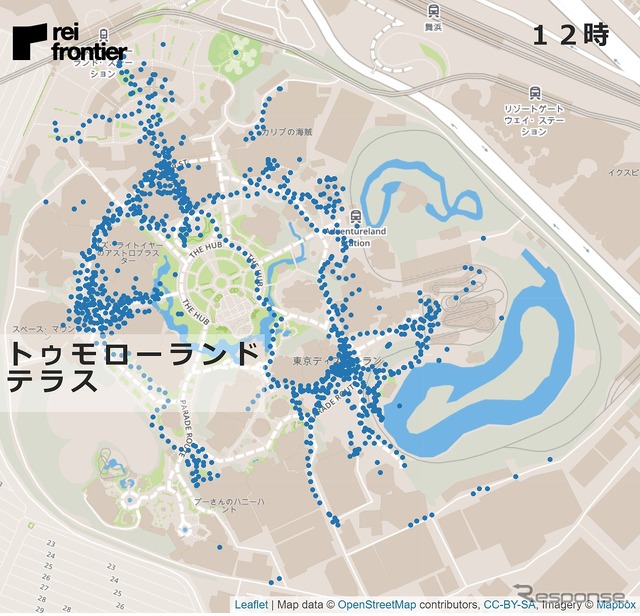 ディズニーランドの1時間ごとの人流（12時）