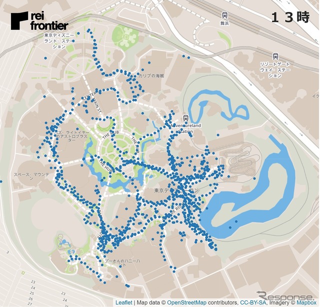 ディズニーランドの1時間ごとの人流(13時)