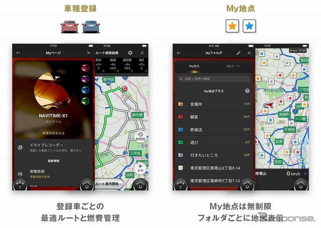 登録車ごとの最適ルートと燃費管理/My地点は無制限、フォルダごとに地図表示