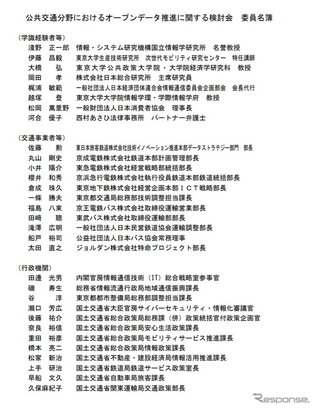 公共交通分野におけるオープンデータ推進に関する検討会のメンバー