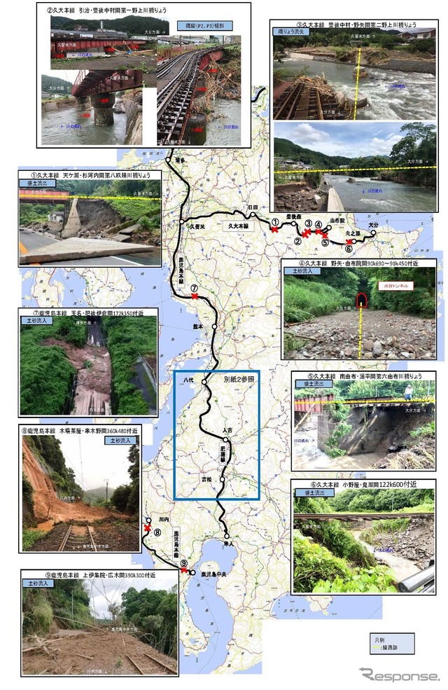 鹿児島本線と久大本線の被災状況。