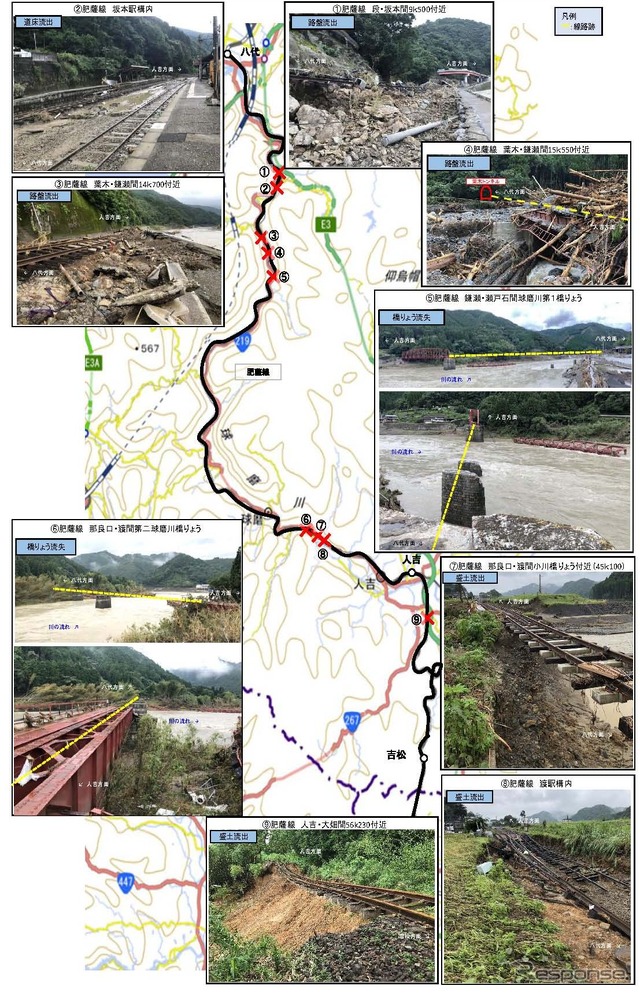 肥薩線の被災状況。